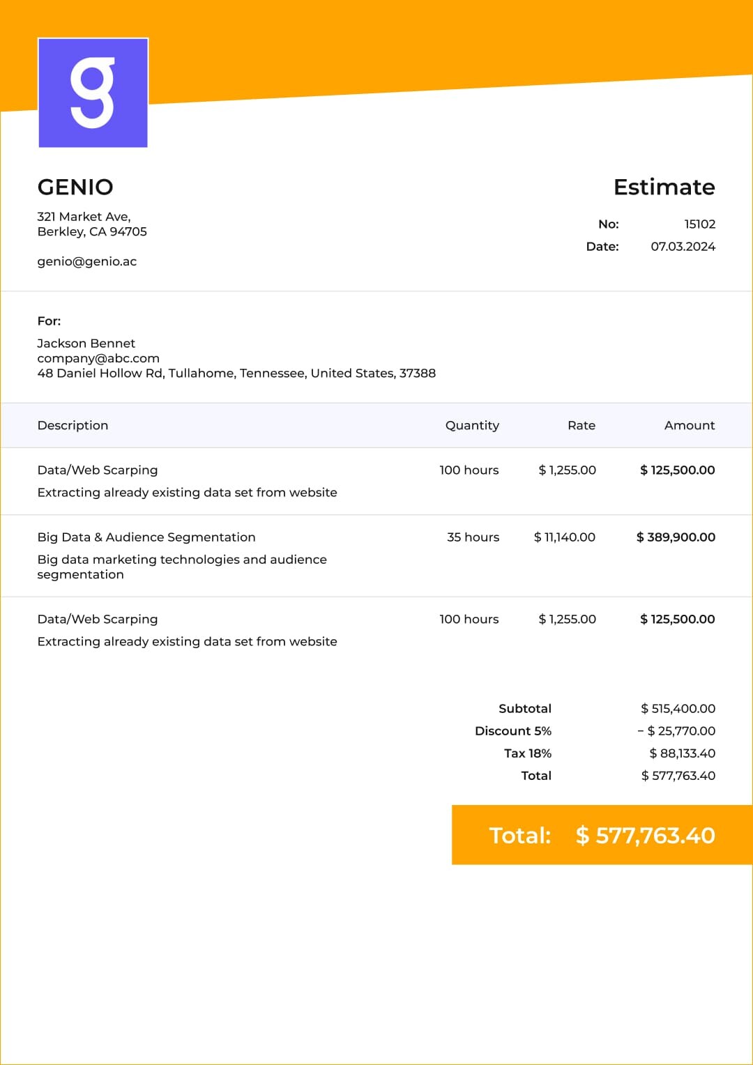 Finance Investment Banking Estimate Template